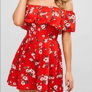 Off the Shoulders Red Floral Romper